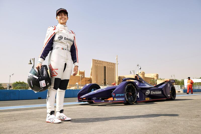 RIYADH, SAUDI ARABIA - DECEMBER 16: Formula E rookie test at Ad Diriyah on December 16, 2018 in Riyadh, Saudi Arabia. On this day, Kaspersky Lab sponsored Emirati racer Amna Al Qubaisi attends the Formula E rookie test in Saudi Arabia and takes the driving seat with Kaspersky Lab sponsored Envision Virgin Racing Formula E Team.  Amna Al Qubaisi is the first-ever female Emirati racing driver, joining the in-season rookie test among one of the most exciting and competitive line-ups of female drivers ever seen in motorsport. For info visit www.kaspersky.com December 16, 2018, in Ad Diriyah, Saudi Arabia. Ciao  (Photo by Guido De Bortoli/Getty Images Kaspersky Lab)