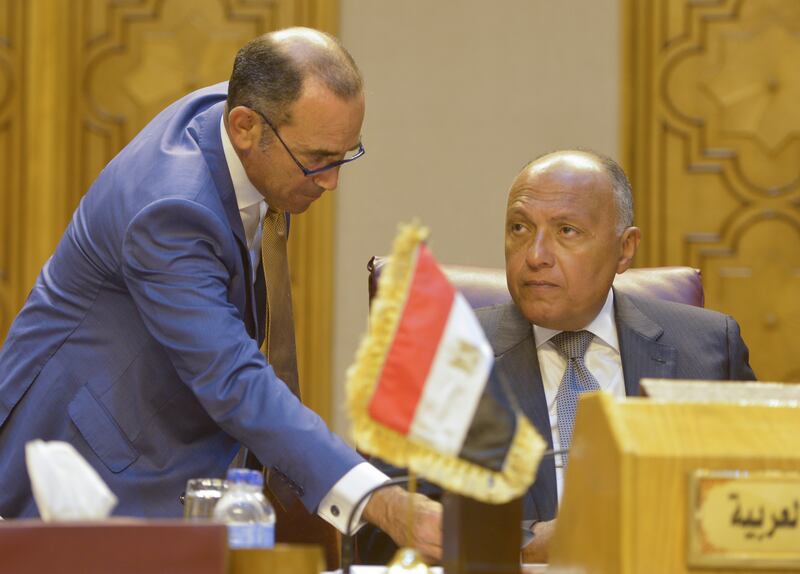 Egyptian foreign minister Sameh Shoukry attends the meeting of the Arab Foreign Ministers in Cairo on July 27, 2017, to discuss the simmering unrest surrounding the Al Aqsa mosque compound in Jerusalem. Khaled Desouki / AFP