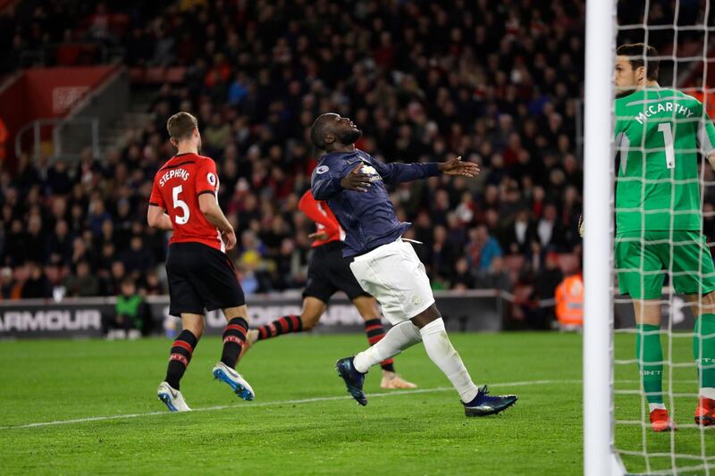 Manchester United's Romelu Lukaku reacts after missing a scoring chance during the English Premier League soccer match between Southampton and Manchester United at St Mary's stadium in Southampton, England Saturday, Dec. 1, 2018. (AP Photo/Kirsty Wigglesworth)