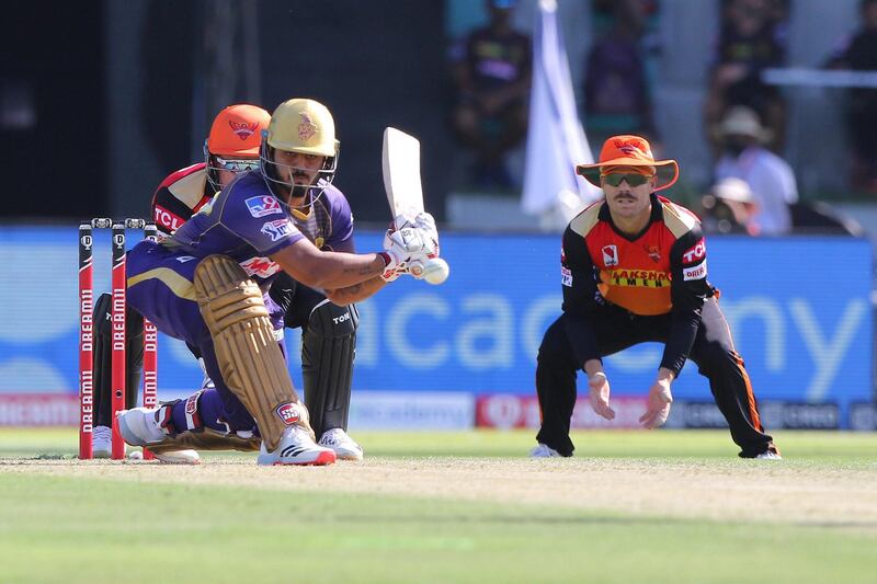 Nitish Rana of Kolkata Knight Riders plays a shot during match 35 of season 13 of the Dream 11 Indian Premier League (IPL) between the Sunrisers Hyderabad and the Kolkata Knight Riders at the Sheikh Zayed Stadium, Abu Dhabi  in the United Arab Emirates on the 18th October 2020.  Photo by: Pankaj Nangia  / Sportzpics for BCCI