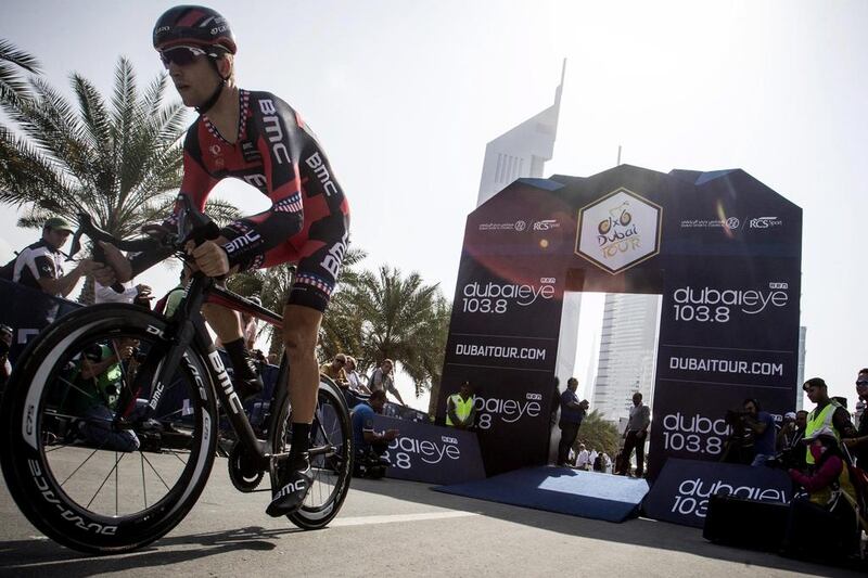 US rider Taylor Phinney of BMC Racing Team competes in the first stage of the Dubai Tour cycling race, a 9.9 km individual time trial, in Dubai on Wednesday. Angelo Carconi / EPA