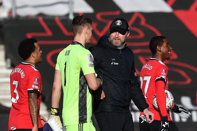 Southampton manager Ralph Hasenhuttl with goalkeeper Alex McCarthy at the final whistle. AFP