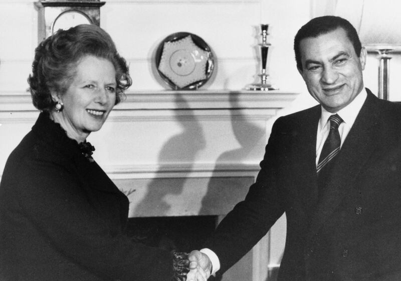Britain's Prime Minister Margaret Thatcher greets Egypt's President Hosni Mubarak inside 10 Downing Street in March, 1985. Reuters