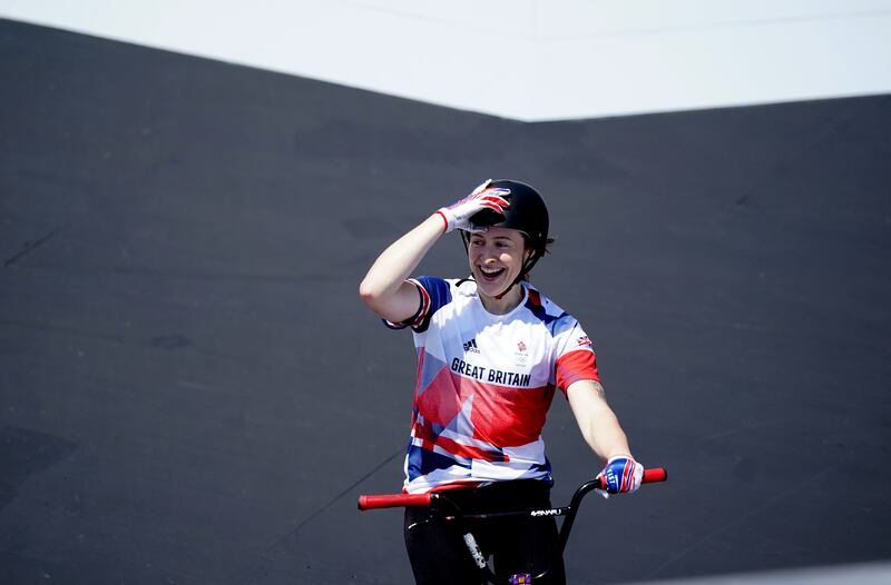 Great Britain's Charlotte Worthington on her way to winning gold in the women's BMX freestyle at the Ariake Urban Sports Park in Tokyo.