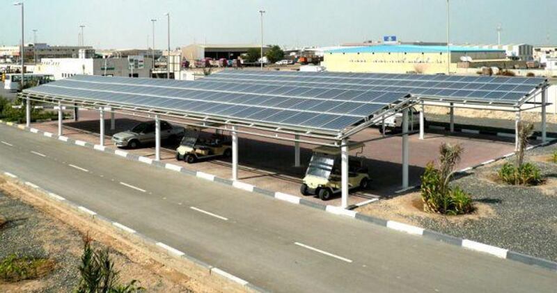 A parking shade solar panel installation in Musaffah.