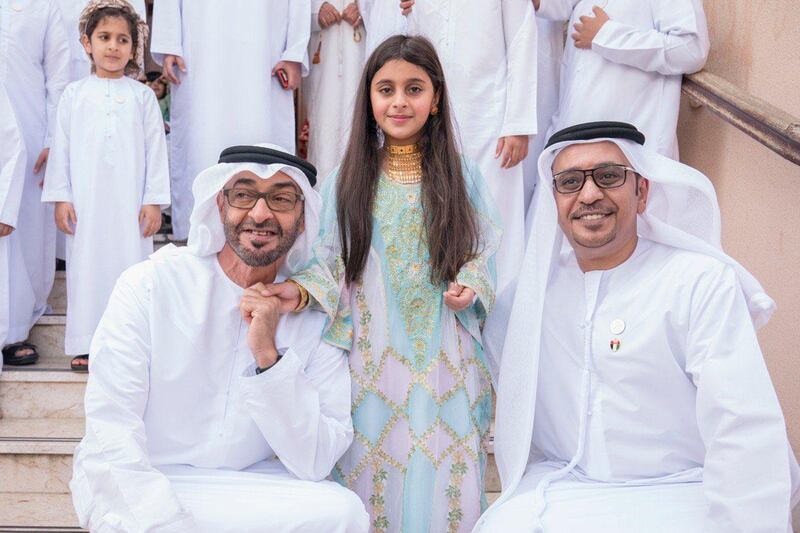 Sheikh Mohamed bin Zayed, Crown Prince of Abu Dhabi and Deputy Supreme Commander of the UAE Armed Forces, visits Ayesha Al Mazrouei at her family home. Courtesy Sheikh Mohamed bin Zayed Twitter