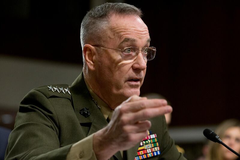 epa07437684 Chairman of the Joint Chiefs of Staff General Joseph Dunford Jr. testifies before the Senate Armed Services Committee hearing on, 'Department of Defense Budget Posture', on Capitol Hill in Washington, DC, USA, 14 March 2019.  EPA/MICHAEL REYNOLDS