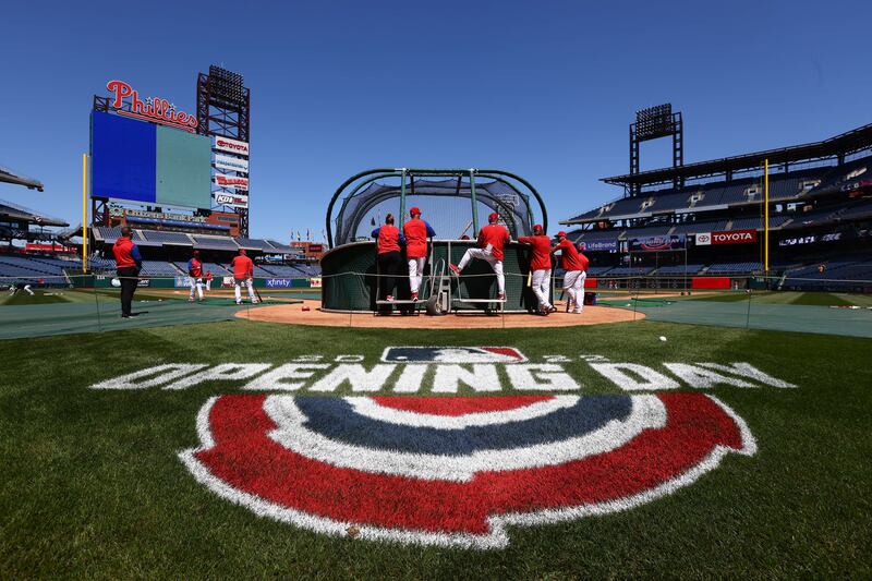 The Philadelphia Phillies take batting practice before their Opening Day game against the Oakland Athletics at Citizens Bank Park in Philadelphia, Pennsylvania. Getty Images / AFP