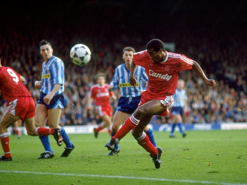 4 Nov 1989:  John Barnes of Liverpool volleys the ball just wide of the goal during the Barclays League Division One match against Coventry City played at Anfield in Liverpool, England.  Coventry won the match 1-0.  \ Mandatory Credit: Ben  Radford/Allsport