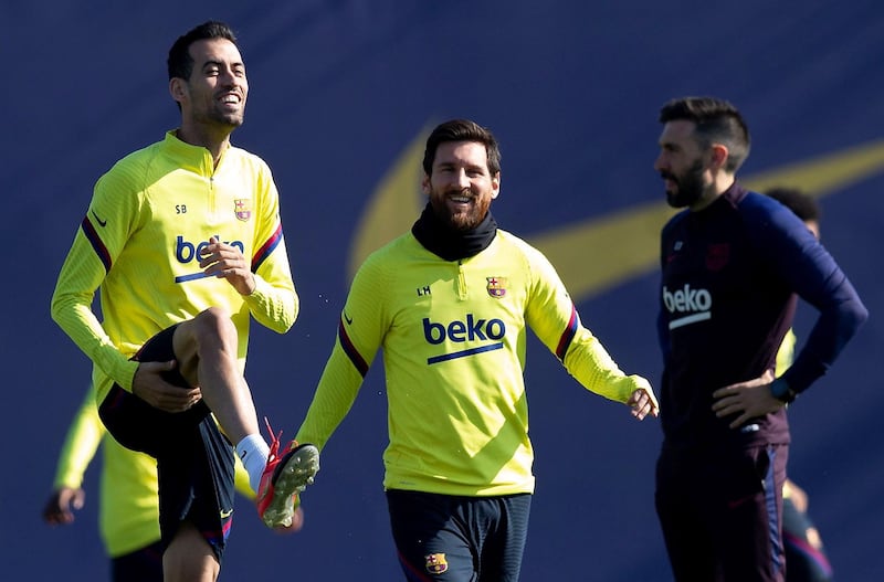 Barcelona's Lionel Messi, centre, during training on Friday. EPA