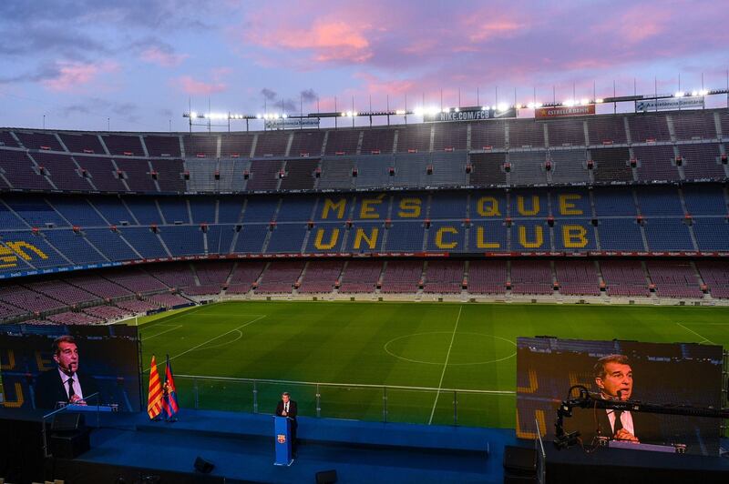 Joan Laporta speaking at his official inauguration at Camp Nou. Getty