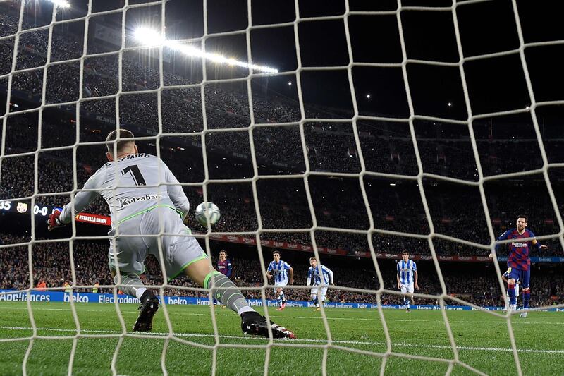Lionel Messi takes the 81st minute spot-kick against Sociedad. AFP