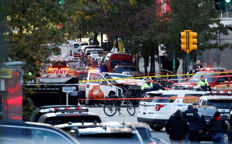 A Home Depot truck which drove down the bike path alongside the West Side Highway at full speed and hit several people is seen as New York city first responders are at the crime scene near a bike path in lower Manhattan in New York, NY, U.S., October 31, 2017. REUTERS/Brendan McDermid TPX IMAGES OF THE DAY