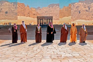 From left, Kuwait Emir Sheikh Nawaf Al Ahmad Al Sabah, Qatar Emir Sheikh Tamim, Omani Deputy Prime Minister Fahd bin Mahmoud, Saudi Arabia Crown Prince and Prime Minister Mohammed bin Salman, Bahrain Prince Salman bin Hamad Al Khalifa, Sheikh Mohammed bin Rashid, Vice President and Prime Minister of the UAE and Ruler of Dubai, and Dr Nayef Al Hajraf, Secretary General of the GCC, before the opening session of the 41st GCC summit in the Saudi Arabian city of Al Ula. AFP