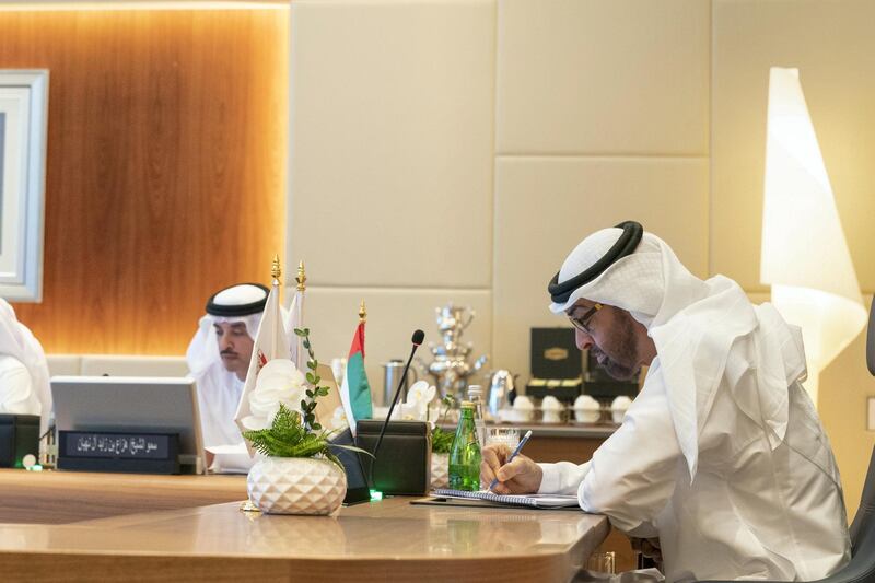 ABU DHABI, UNITED ARAB EMIRATES - November 04, 2018: HH Sheikh Mohamed bin Zayed Al Nahyan, Crown Prince of Abu Dhabi and Deputy Supreme Commander of the UAE Armed Forces (R) chairs a Supreme Petroleum Council meeting at the Abu Dhabi National Oil Company (ADNOC) Headquarters. Seen with HH Sheikh Hazza bin Zayed Al Nahyan, Vice Chairman of the Abu Dhabi Executive Council (L).
( Mohamed Al Hammadi / Ministry of Presidential Affairs )
---