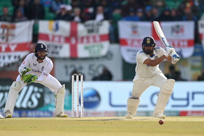 India captain Rohit Sharma finished the day unbeaten on 57 as the home side reached 135-1 at stumps, 89 runs behind England's first-innings total. Getty Images