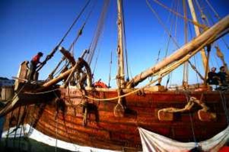 Tourists on board the Jewel of Muscat, a ship built using methods and materials only accessible to 9th-century Arab craftsmen.
Skyler Burt for The National  *** Local Caption ***  Skyler_Burt01.JPG