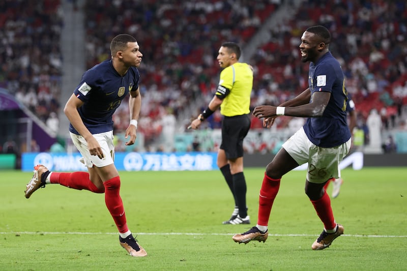 Kylian Mbappe celebrates after scoring France's third goal. Getty