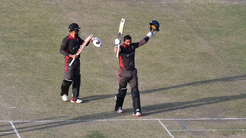 Muhammad Waseem celebrates after scoring a brilliant 66-ball 112 in the T20 World Cup Qualifier final as the UAE beat Ireland in Muscat, Oman on February 24, 2022. Photo: ICC