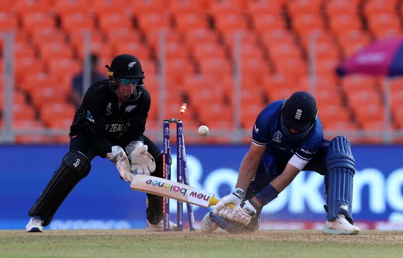 England's Jonny Bairstow is bowled out by New Zealand's Glenn Phillips. Reuters
