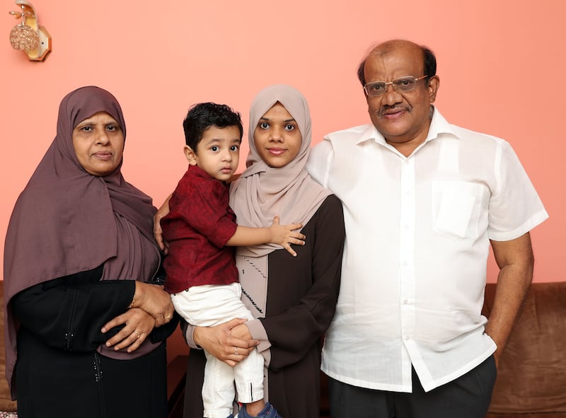 Sharmina Basheer with her son Ahmed Yousuf aged 2 and parents Basheer and Kamarunisa. Chris Whiteoak / The National