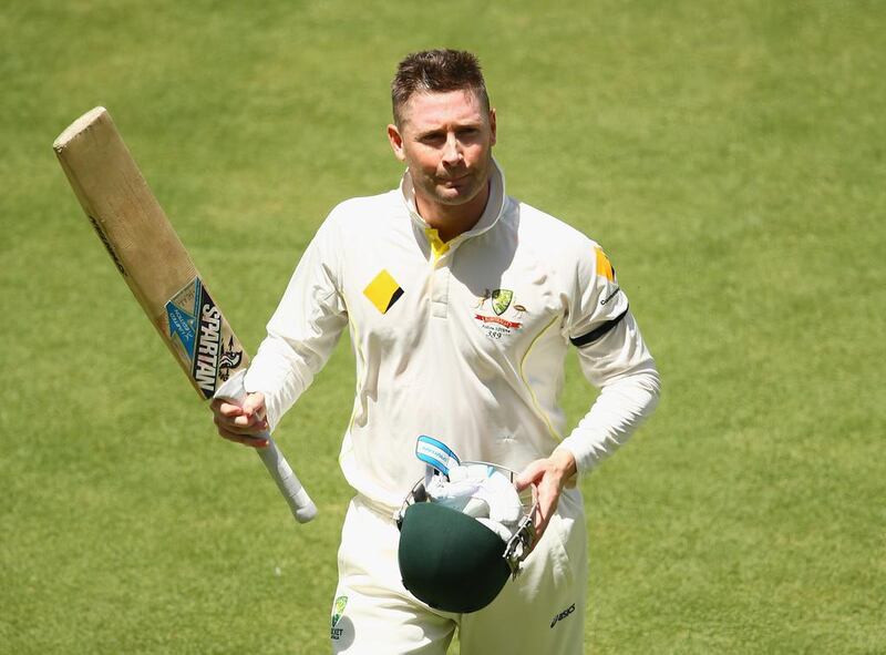 Michael Clarke celebrates reaching his hundred at Adelaide against England in the second Ashes Test. Robert Cianflone / Getty Images
