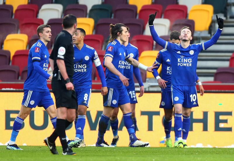 BRENTFORD, ENGLAND - JANUARY 24: James Maddison of Leicester City celebrates after scoring their side's third goal during The Emirates FA Cup Fourth Round match between Brentford and Leicester City at Brentford Community Stadium on January 24, 2021 in Brentford, England. Sporting stadiums around the UK remain under strict restrictions due to the Coronavirus Pandemic as Government social distancing laws prohibit fans inside venues resulting in games being played behind closed doors. (Photo by Clive Rose/Getty Images)