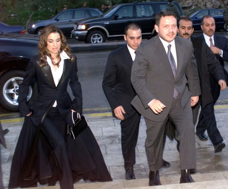 400283 04 King Abdullah II (3rd R) and his wife Queen Rania arrive to attend a celebration for his birthday January 29, 2002 in Amman. King Abdullah, born on January 30 1962, marked his 40th birthday by attending a celebration and by visiting with children being treated for cancer ahead of his departure to the US for talks with President George W. Bush on the latest developments in Middle East. (Photo by Salah Malkawi/Getty Images)