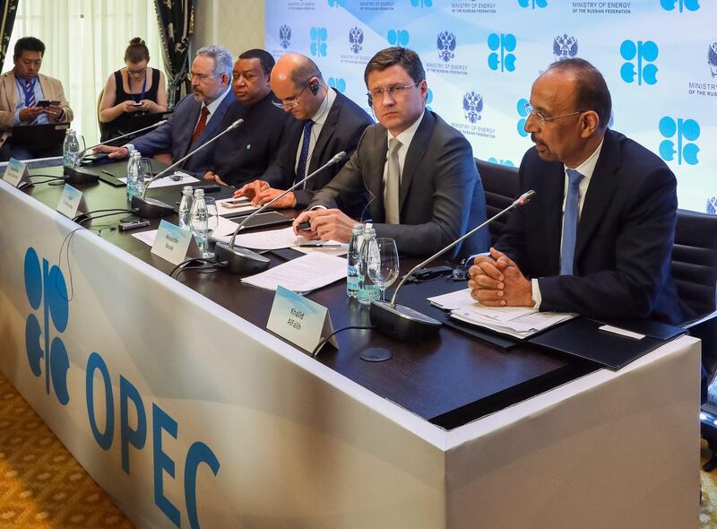 (From R) Saudi Arabia's Energy Minister Khalid al-Falih, Russia's Energy Minister Alexander Novak, Kuwait's Oil Minister Essam al-Marzouk and OPEC Secretary General Mohammad Barkindo attend a meeting of the 4th OPEC-Non-OPEC Ministerial Monitoring Committee in St. Petersburg on July 24, 2017, where OPEC coutries led by Saudi Arabia meet other large non-cartel producers, led by Russia. / AFP PHOTO / STRINGER