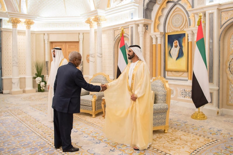 ABU DHABI, UNITED ARAB EMIRATES - September 18, 2018: HH Sheikh Mohamed bin Zayed Al Nahyan Crown Prince of Abu Dhabi Deputy Supreme Commander of the UAE Armed Forces (L) and HH Sheikh Mohamed bin Rashid Al Maktoum, Vice-President, Prime Minister of the UAE, Ruler of Dubai and Minister of Defence (R), witness the oath of Judge Altayeb Abdul Ghafour Abdul Wahab (2nd L), during a swearing in ceremony, held at Presidential Palace.

( Saeed Al Neyadi / Crown Prince Court - Abu Dhabi )
---