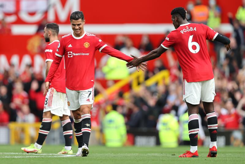 Cristiano Ronaldo celebrates with Paul Pogba during the match between Manchester United and Newcastle. Getty Images