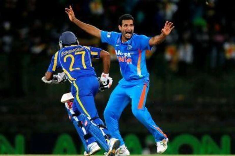 Irfan Pathan, right, sent three of Sri Lanka's top-order batsmen to the pavilion last night. Ishara S Kodikara / AFP