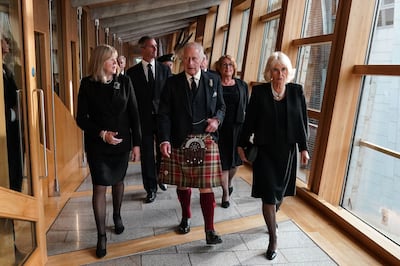 King Charles III visited the Scottish Parliament in Edinburgh during the mourning period for the late queen. AFP 
