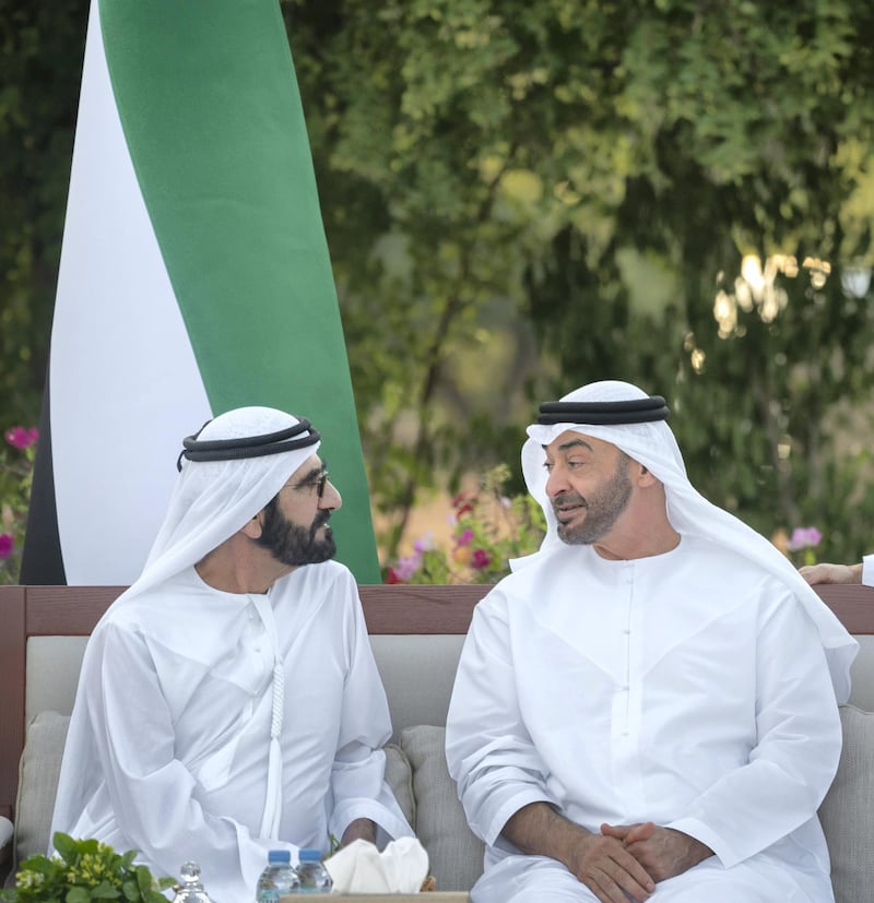 AL AIN, UNITED ARAB EMIRATES - December 09, 2019: HH Sheikh Mohamed bin Zayed Al Nahyan, Crown Prince of Abu Dhabi and Deputy Supreme Commander of the UAE Armed Forces (R) and HH Sheikh Mohamed bin Rashid Al Maktoum, Vice-President, Prime Minister of the UAE, Ruler of Dubai and Minister of Defence (L), attend Al Maqam Palace barza.

( Hamad Al Kaabi / Ministry of Presidential Affairs )​
---