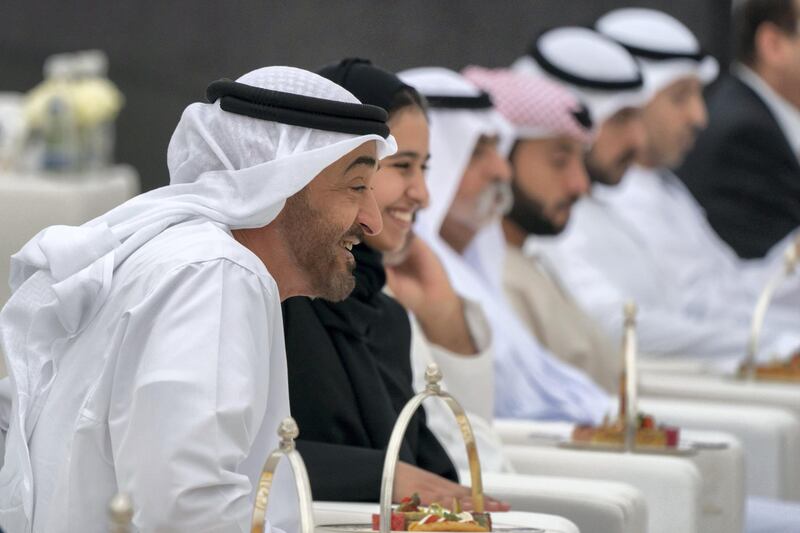 ABU DHABI, UNITED ARAB EMIRATES - March 23, 2019: HH Sheikh Mohamed bin Zayed Al Nahyan, Crown Prince of Abu Dhabi and Deputy Supreme Commander of the UAE Armed Forces (L) and HH Sheikha Hassa bint Mohamed bin Zayed Al Nahyan (2nd L), watch an equestrian performance by the Spanish Riding School of Vienna, at Emirates Palace.

( Mohamed Al Hammadi / Ministry of Presidential Affairs )
---