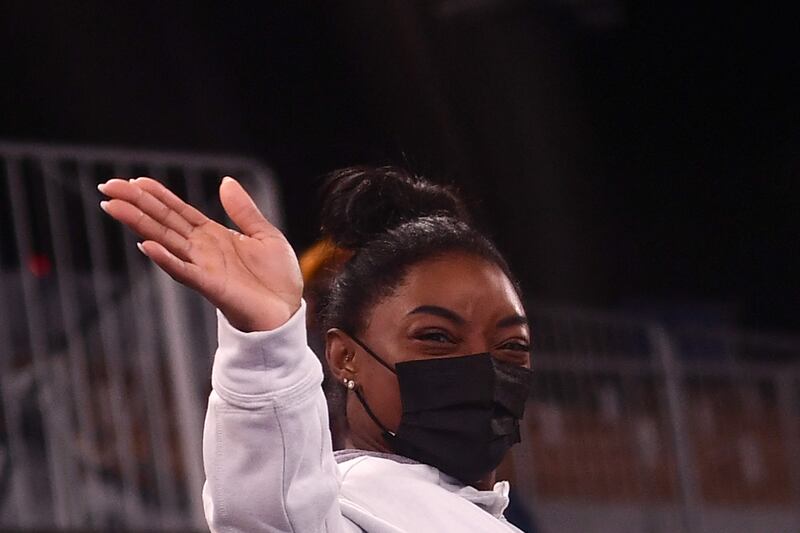 USA's Simone Biles waves after the artistic gymnastics women's all-around final during the Tokyo 2020 Olympic Games at the Ariake Gymnastics Centre in Tokyo.