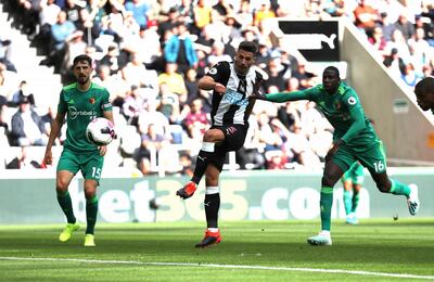 NEWCASTLE UPON TYNE, ENGLAND - AUGUST 31: Fabian Schar of Newcastle United scores his team's first goal during the Premier League match between Newcastle United and Watford FC at St. James Park on August 31, 2019 in Newcastle upon Tyne, United Kingdom. (Photo by Ian MacNicol/Getty Images)