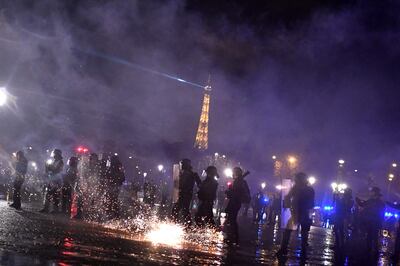 The Eiffel Tower seen in the background of the demonstration on Place de la Concorde in Paris. AFP