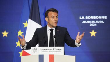 French President Emmanuel Macron delivers a speech on Europe at Sorbonne University in Paris, on April 25. AFP
