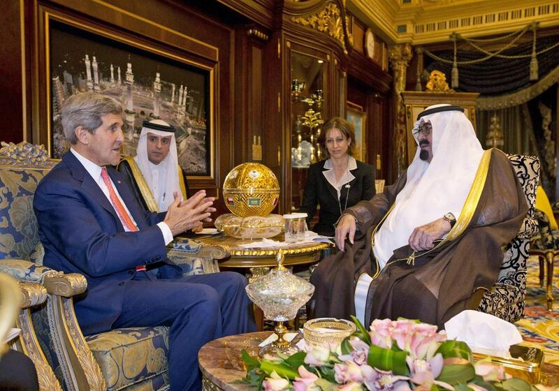 John Kerry meets with King Abdullah in Riyadh. Mr Kerry hailed the kingdom’s role as the ‘senior player’ in the Middle East’s foreign policy. Jason Reed / AP



