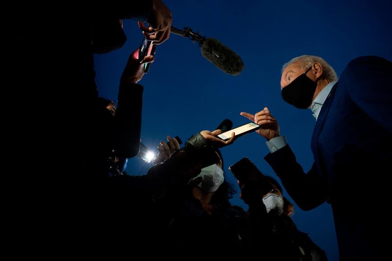 Democratic Presidential candidate Joe Biden speaks with the press as he departs Detroit Metro Wayne County Airport in Romulus, Michigan, USA. AFP