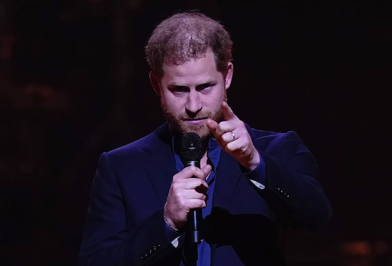 Prince Harry speaks during the closing ceremony of the Invictus Games closing in The Hague, the Netherlands, on Friday night. PA