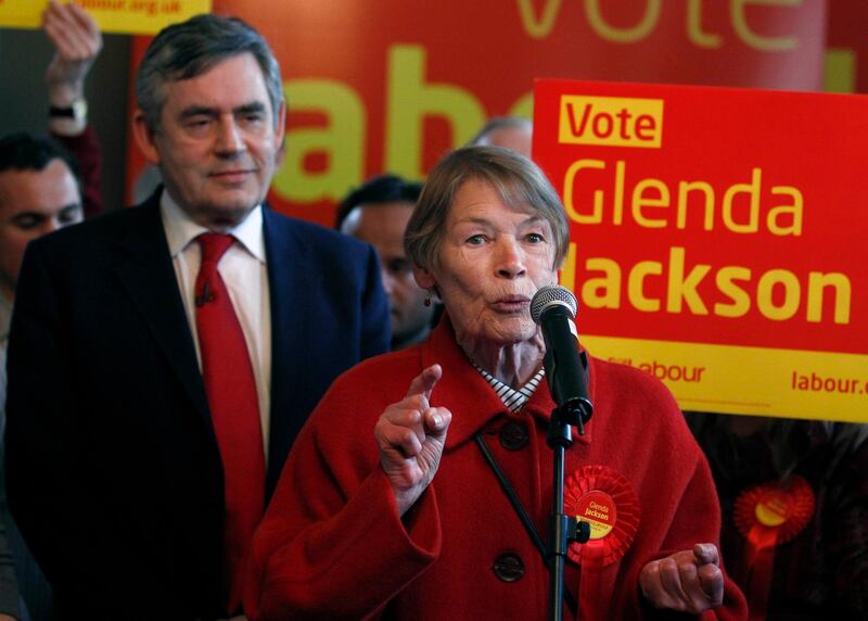 LONDON, ENGLAND - MAY 02:  Britain's Prime Minister Gordon Brown listens as former actress and Labour Party MP Glenda Jackson speaks during a party meeting in a pub in Kilburn on May 2, 2010 in London, England. The General Election, to be held on May 6, 2010 is set to be one of the most closely fought political contests in recent times with all main party leaders embarking on a four week campaign to win the votes of the United Kingdom.(Photo by Andrew Winning - WPA Pool/Getty Images)