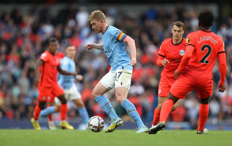 Kevin De Bruyne of Manchester City runs with the ball against Brighton & Hove Albion. Getty