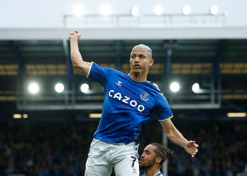 Everton's Richarlison celebrates scoring their second goal against Brentford at Goodison Park on May 15, 2022 with Dominic Calvert-Lewin. Reuters