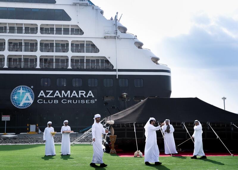 ABU DHABI, UNITED ARAB EMIRATES. 8 DECEMBER 2019. 
Ayyala performing for the arriving traveleres at Abu Dhabi Cruise Terminal.

(Photo: Reem Mohammed/The National)

Reporter:
Section: