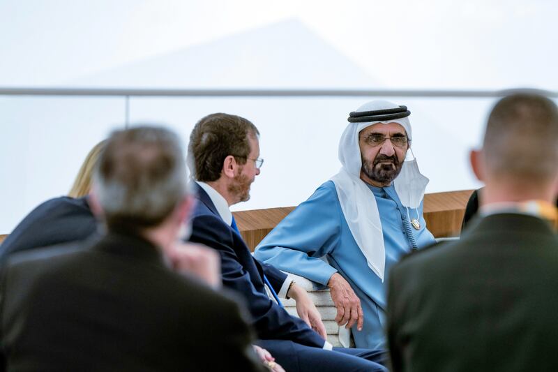 Sheikh Mohammed bin Rashid, Vice President and Ruler of Dubai, receives Israel's President Isaac Herzog at Expo 2020 Dubai. Sheikh Mohammed said that Israel's participation in the world's fair along with more than 190 countries opens up many areas for co-operation. Photo: Twitter