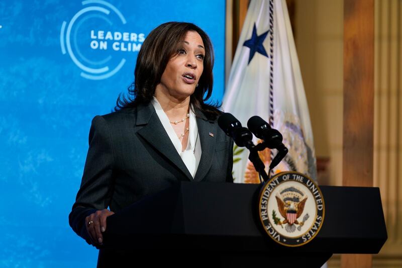 US Vice President Kamala Harris speaks to the virtual Leaders Summit on Climate, from the East Room of the White House. AP Photo