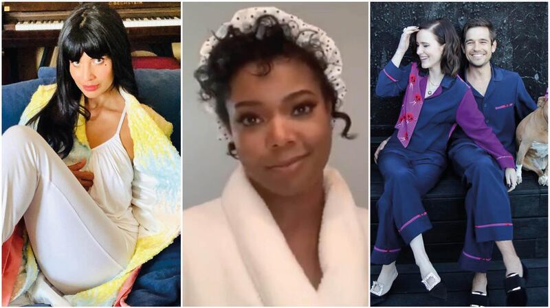 From left: Jameela Jamil, Gabrielle Union-Wade, Rachel Brosnahan and husband Jason Ralph all wore pyjamas to the virtual 2020 Emmy Awards. Instagram 