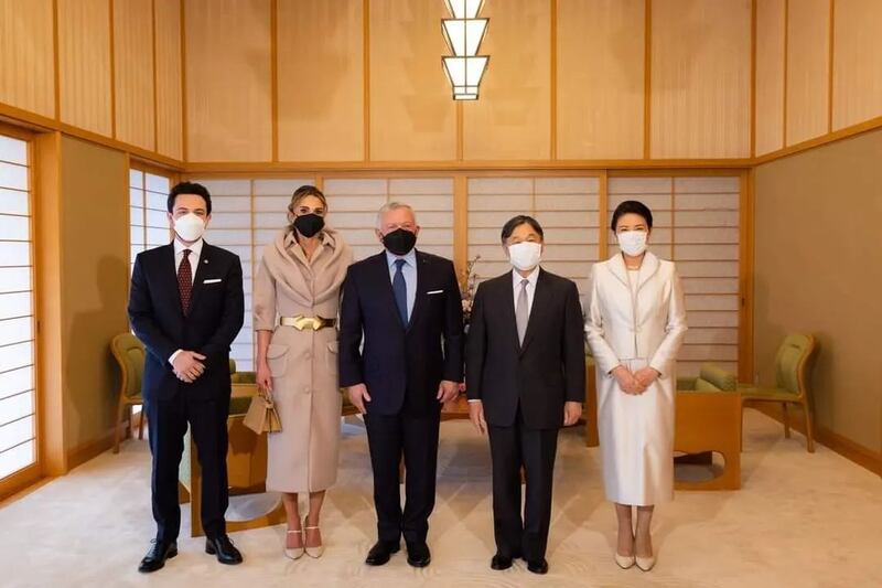 Jordan's Crown Prince Hussein, Queen Rania and King Abdullah II with Japan's Emperor Naruhito and Empress Masako during their meeting at the Imperial Palace in Tokyo. All photos: Royal Hashemite Court